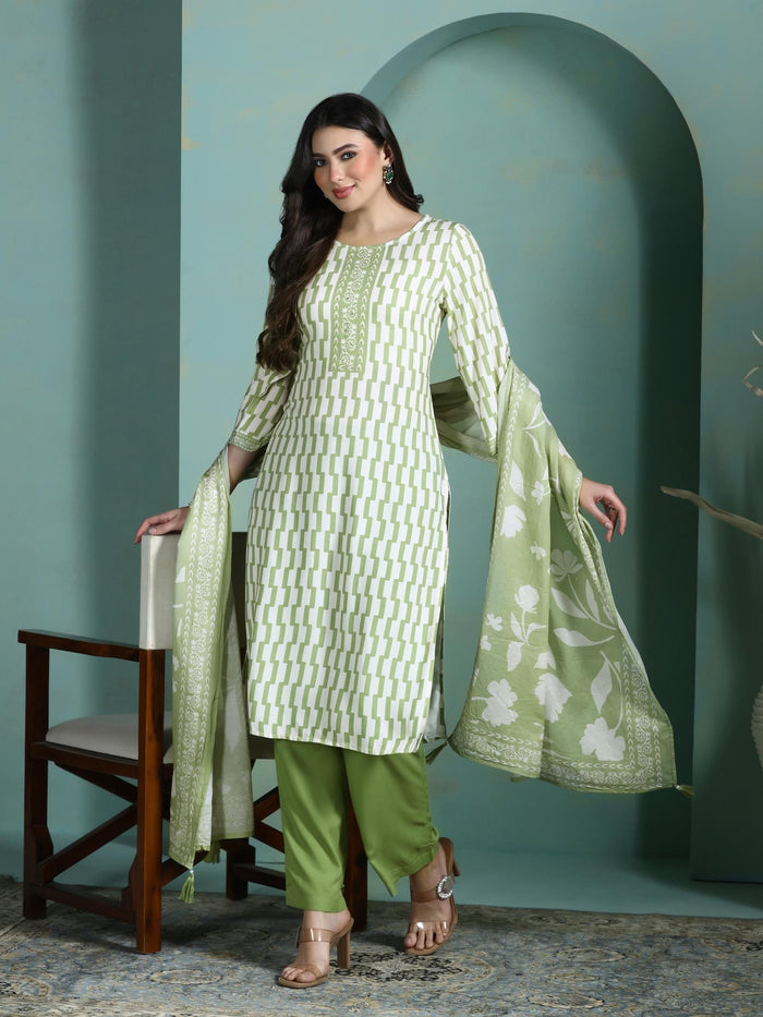 Women Liva Green Printed Kurta Comfort Pant Dupatta.