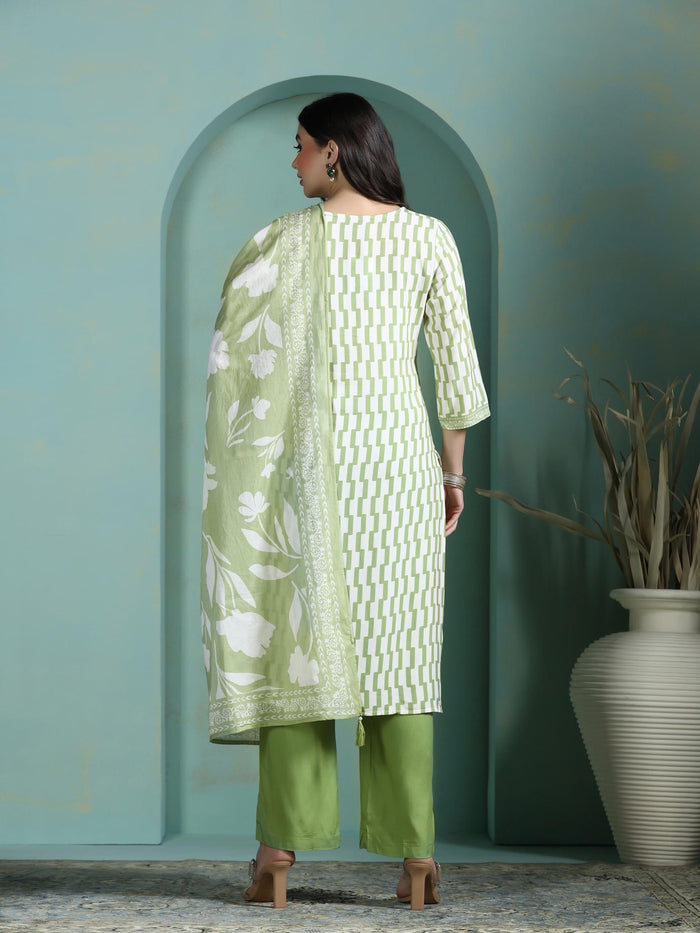 Women Liva Green Printed Kurta Comfort Pant Dupatta.