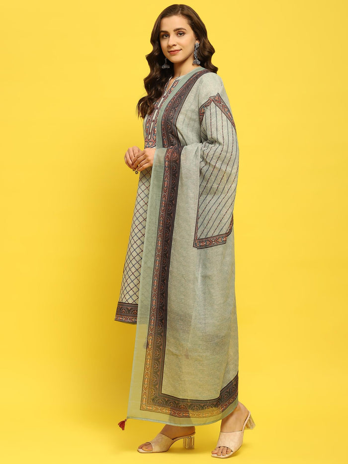 Women Liva Green Printed Kurta Comfort Pant Dupatta.