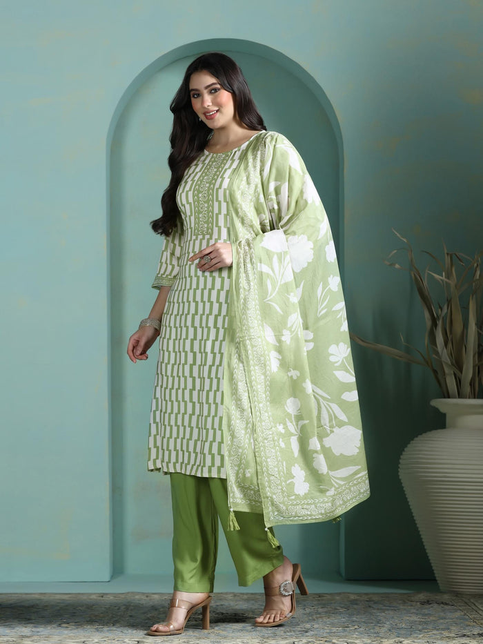 Women Liva Green Printed Kurta Comfort Pant Dupatta.