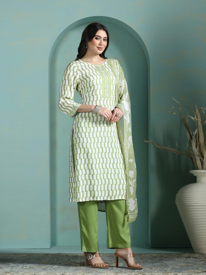 Women Liva Green Printed Kurta Comfort Pant Dupatta.