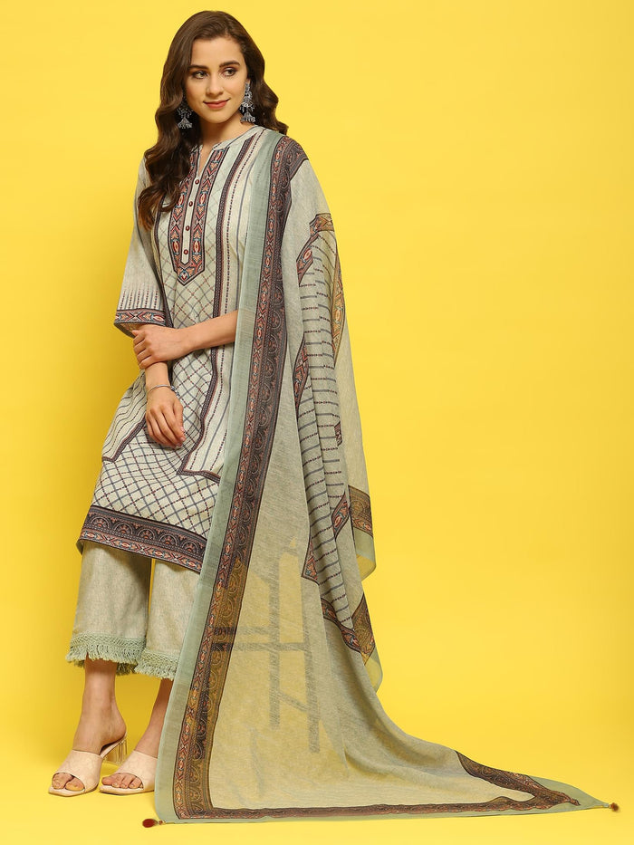 Women Liva Green Printed Kurta Comfort Pant Dupatta.