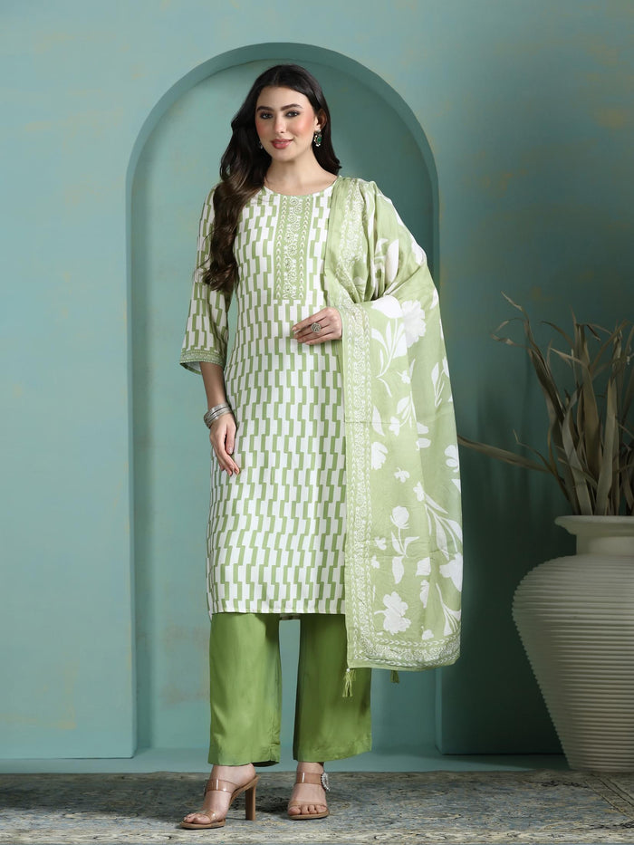 Women Liva Green Printed Kurta Comfort Pant Dupatta.
