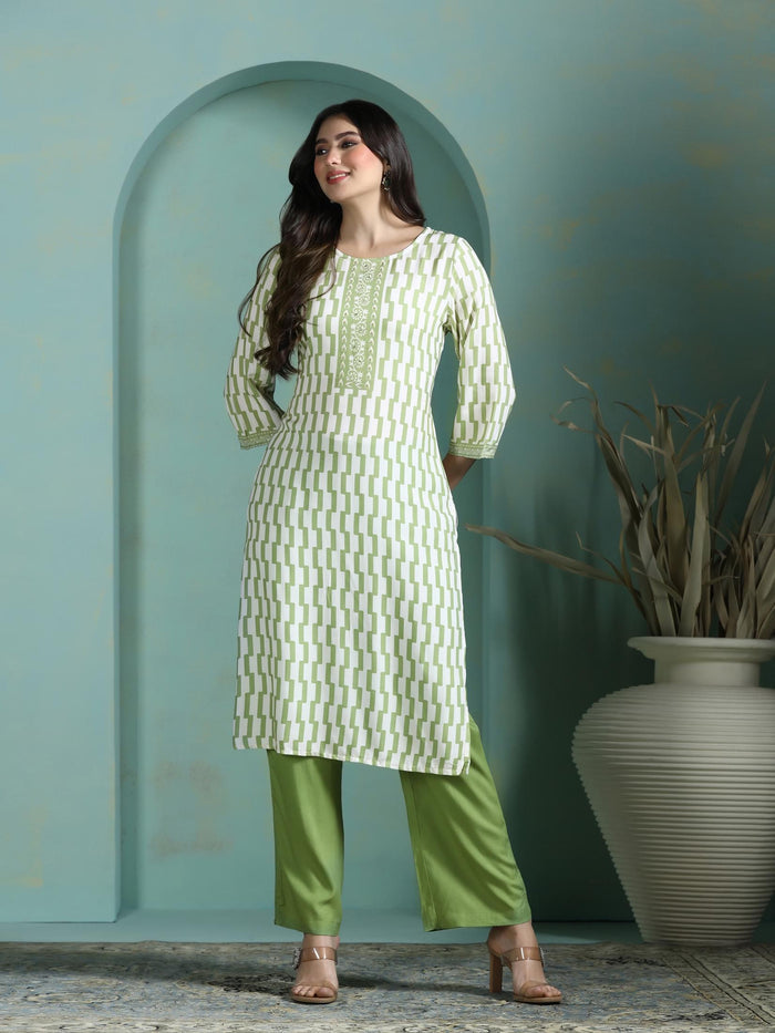 Women Liva Green Printed Kurta Comfort Pant Dupatta.