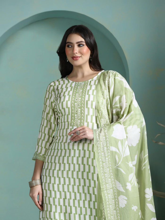 Women Liva Green Printed Kurta Comfort Pant Dupatta.