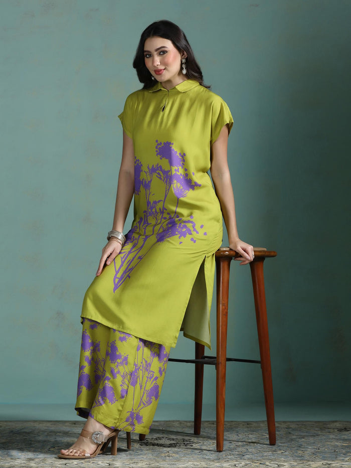 Women Liva Green Printed Kurta With Wide Leg Pant.