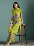 Women Liva Green Printed Kurta With Wide Leg Pant.