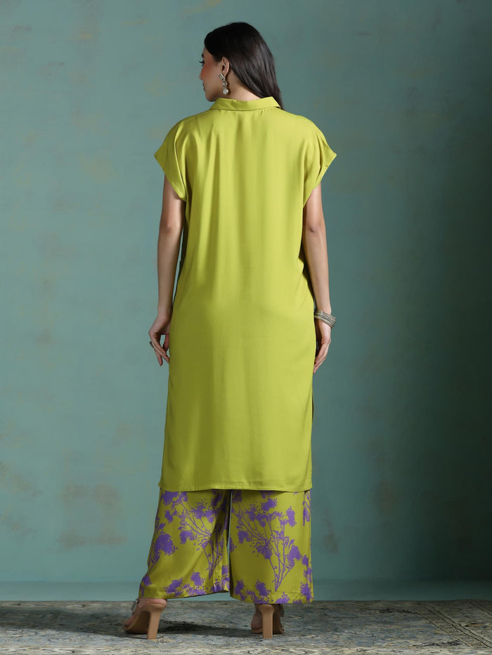 Women Liva Green Printed Kurta With Wide Leg Pant.