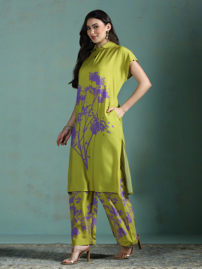 Women Liva Green Printed Kurta With Wide Leg Pant.