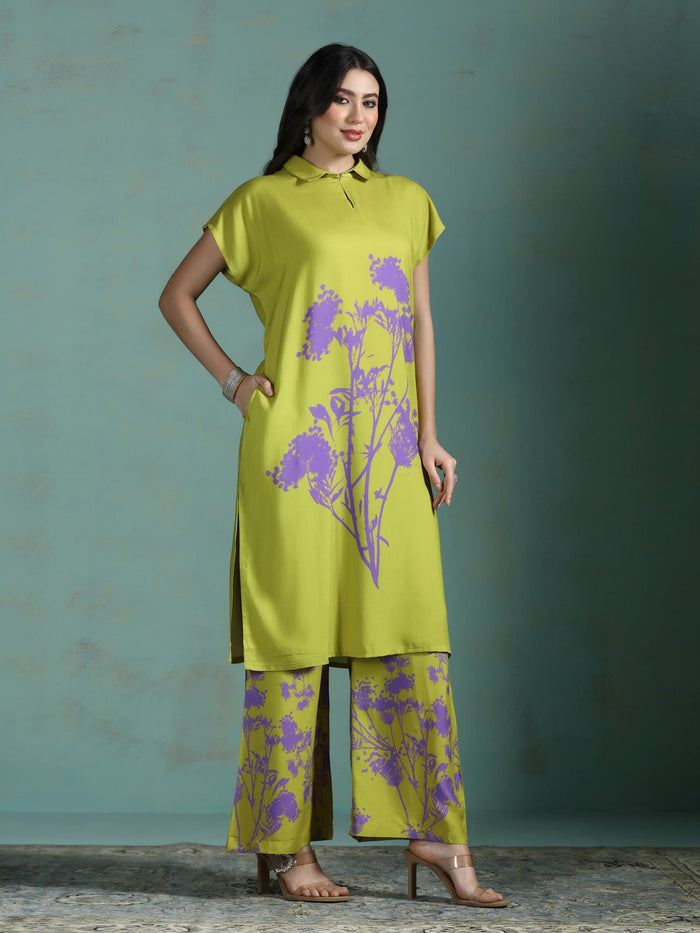 Women Liva Green Printed Kurta With Wide Leg Pant.