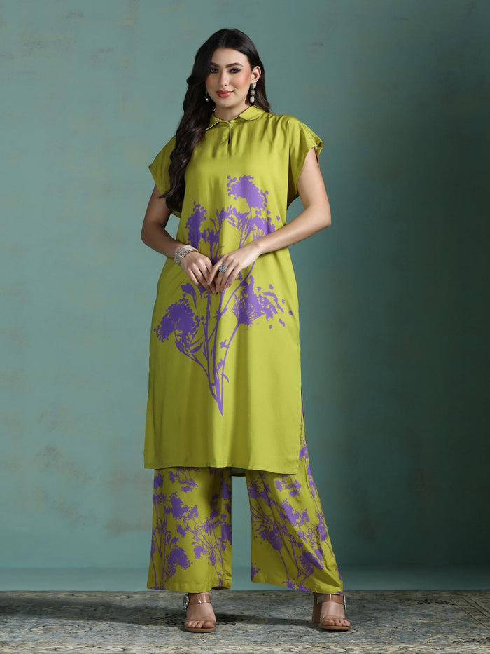 Women Liva Green Printed Kurta With Wide Leg Pant.