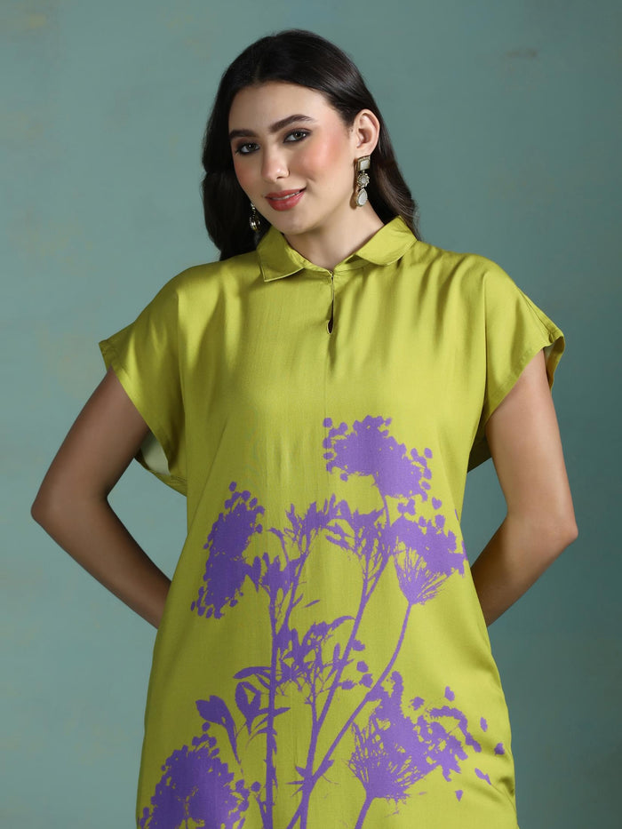 Women Liva Green Printed Kurta With Wide Leg Pant.