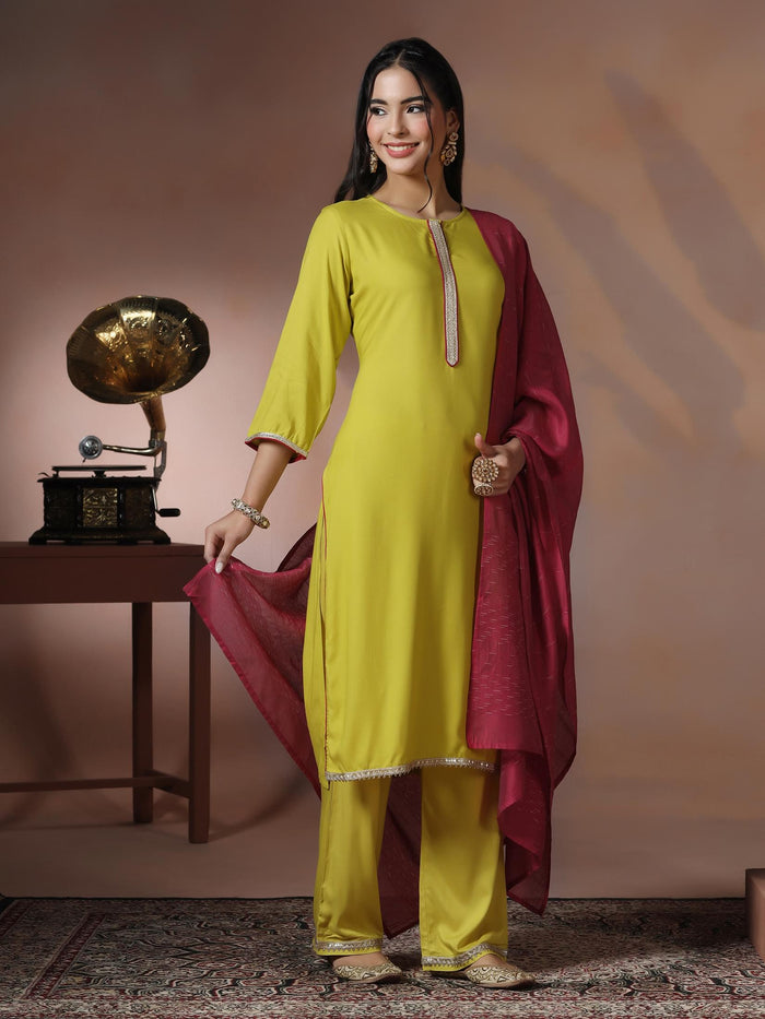 Women Liva Green Solid Kurta Comfort Pant Dupatta.