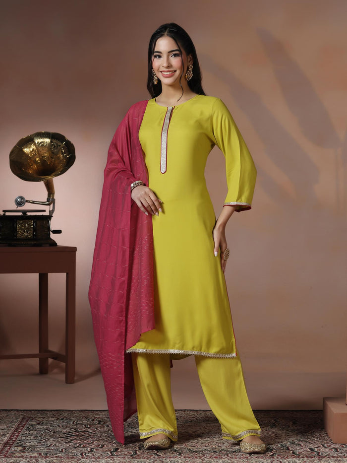 Women Liva Green Solid Kurta Comfort Pant Dupatta.