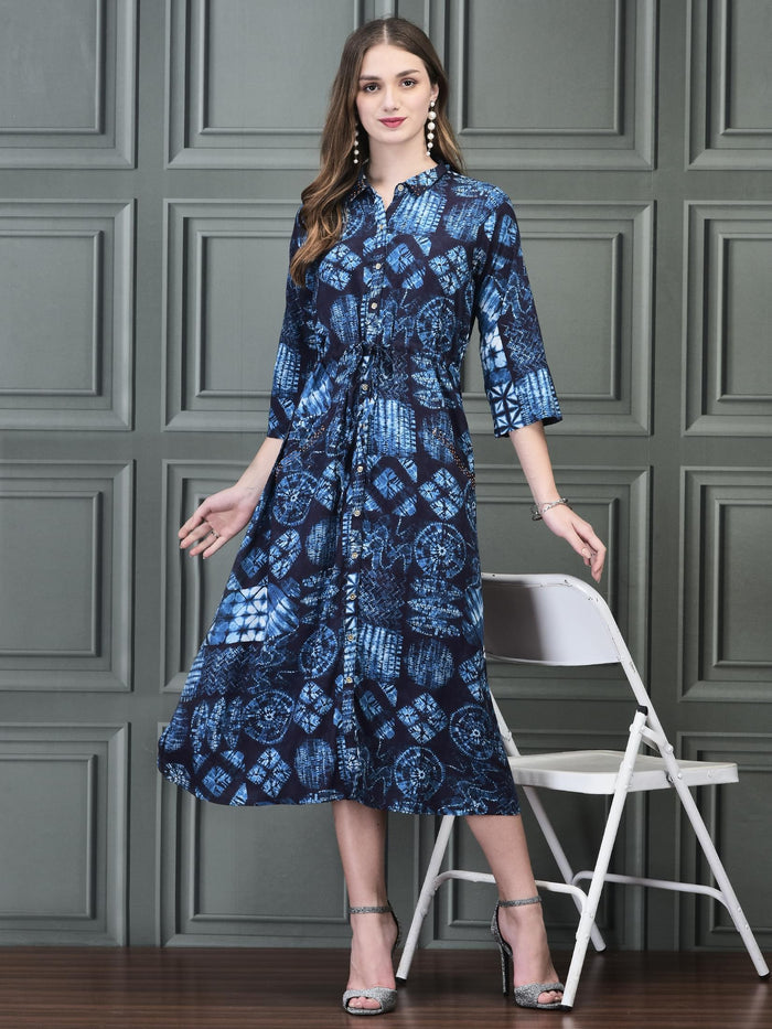 Women Liva Indigo Geometric Print Dress.