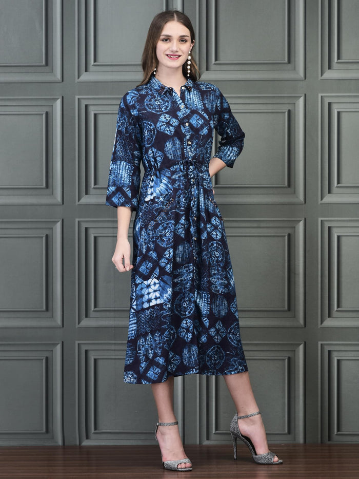 Women Liva Indigo Geometric Print Dress.