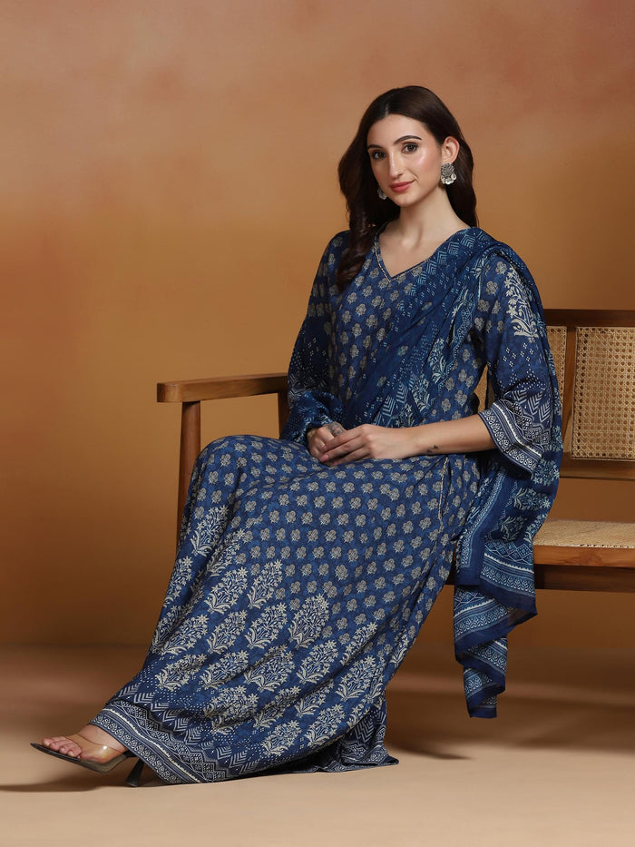 Women Liva Indigo Printed Dress With Dupatta.