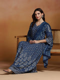 Women Liva Indigo Printed Dress With Dupatta.