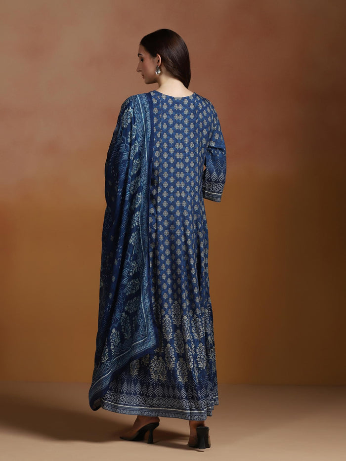 Women Liva Indigo Printed Dress With Dupatta.