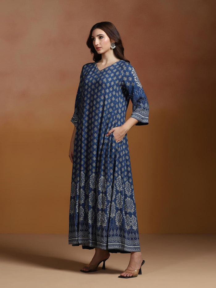 Women Liva Indigo Printed Dress With Dupatta.