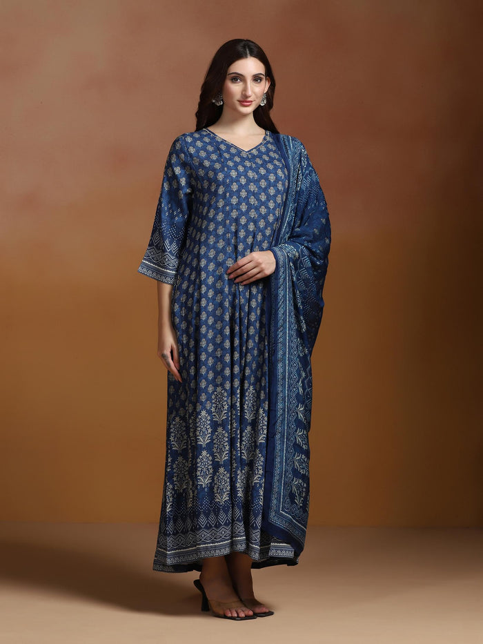 Women Liva Indigo Printed Dress With Dupatta.