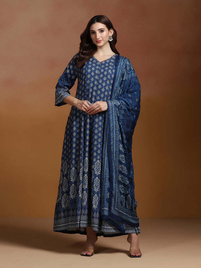 Women Liva Indigo Printed Dress With Dupatta.