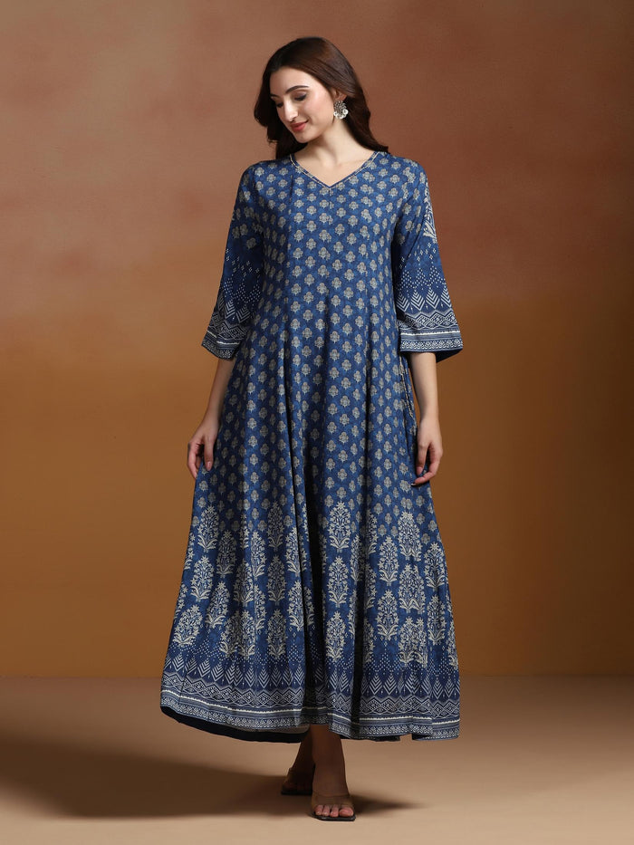Women Liva Indigo Printed Dress With Dupatta.