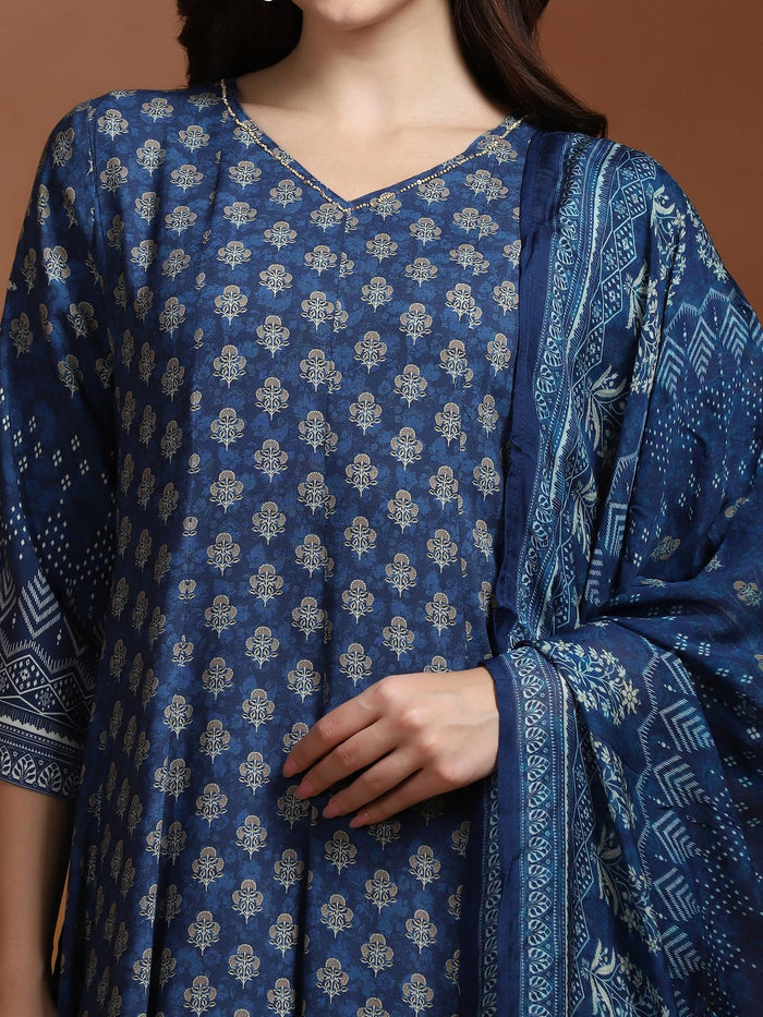 Women Liva Indigo Printed Dress With Dupatta.