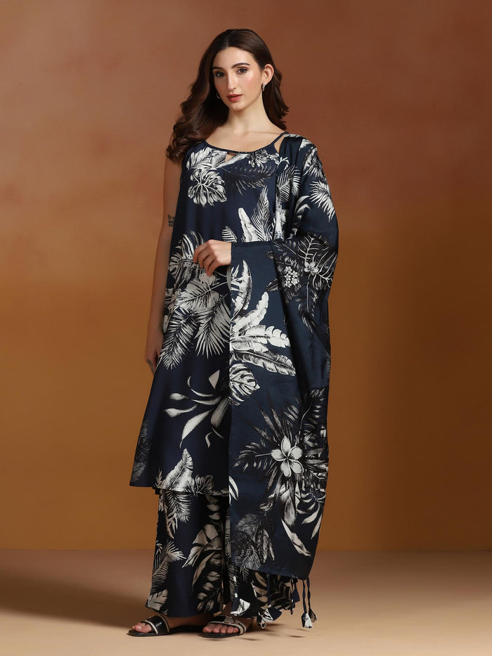 Women Liva Indigo Printed Kurta Wide Leg Pant Dupatta.