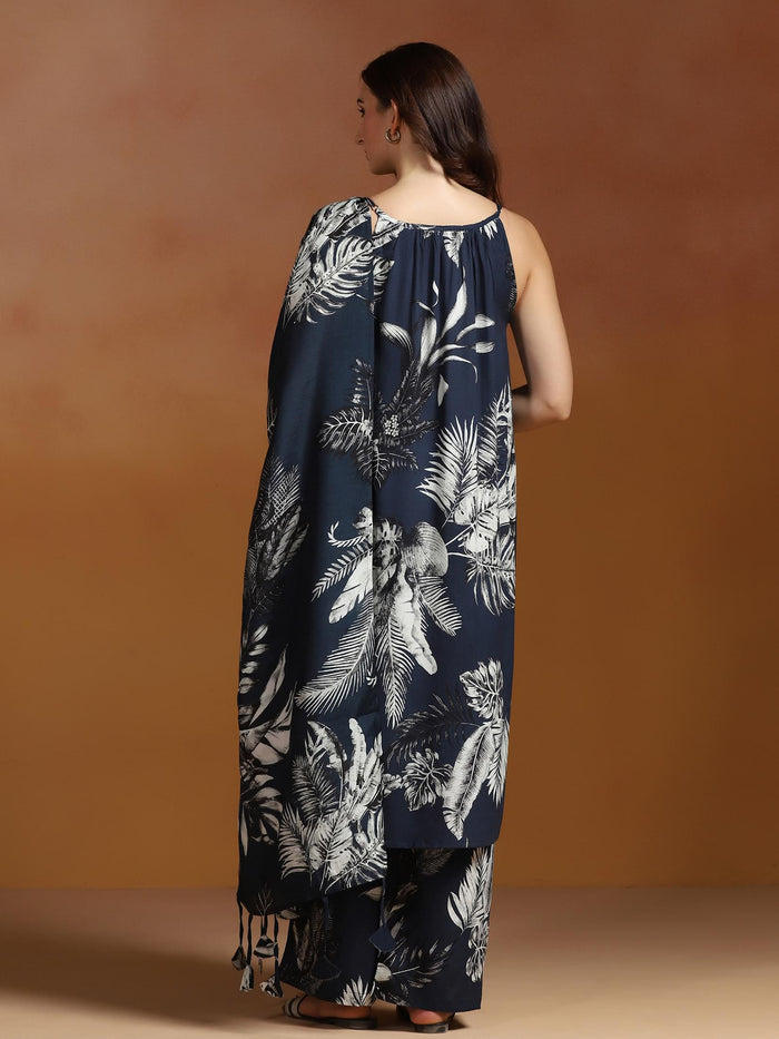 Women Liva Indigo Printed Kurta Wide Leg Pant Dupatta.