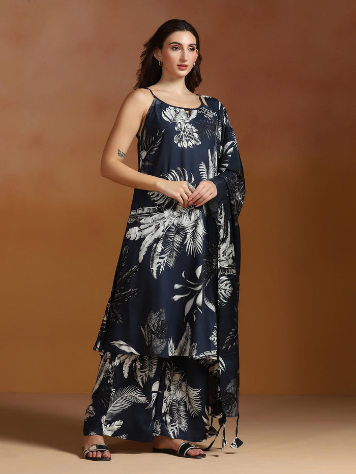 Women Liva Indigo Printed Kurta Wide Leg Pant Dupatta.