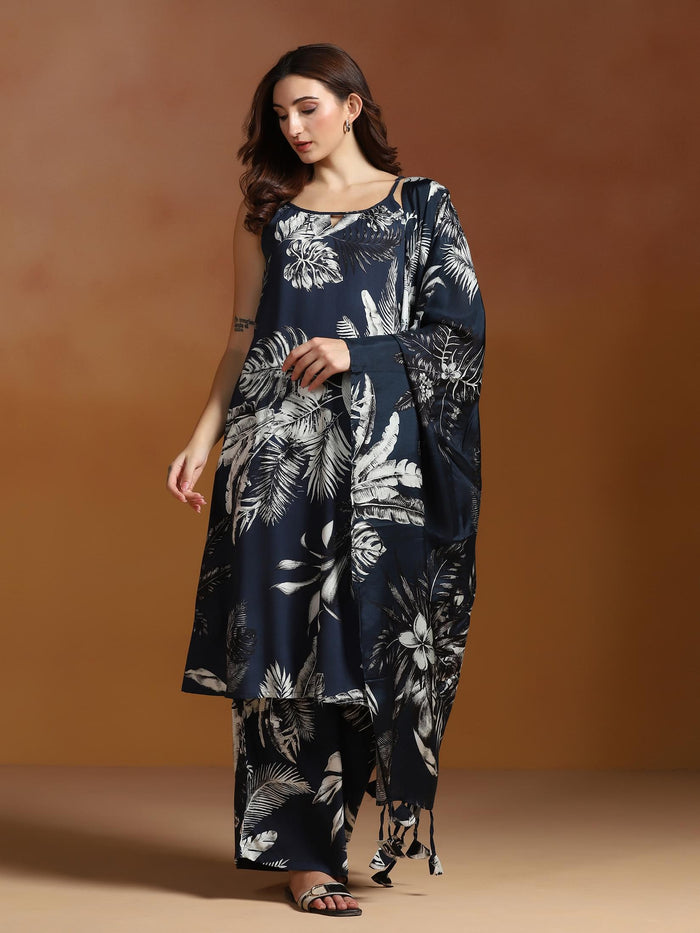 Women Liva Indigo Printed Kurta Wide Leg Pant Dupatta.
