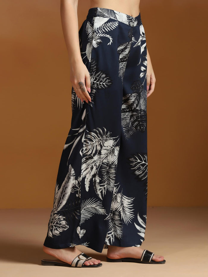 Women Liva Indigo Printed Kurta Wide Leg Pant Dupatta.