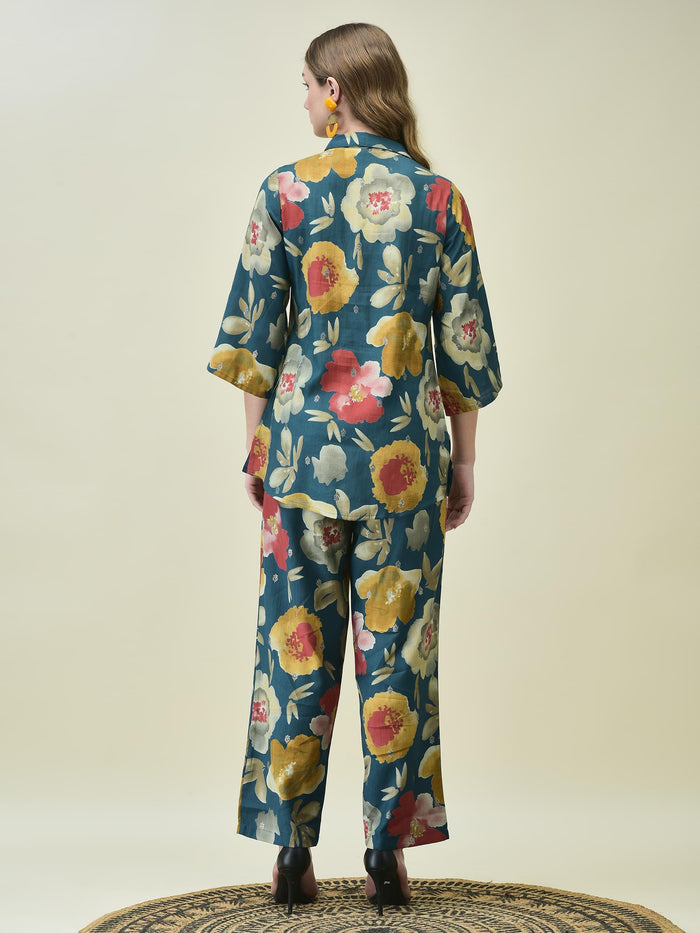 Women Liva Khadi Silk Blue Multi Floral Print Co-Ord Set.