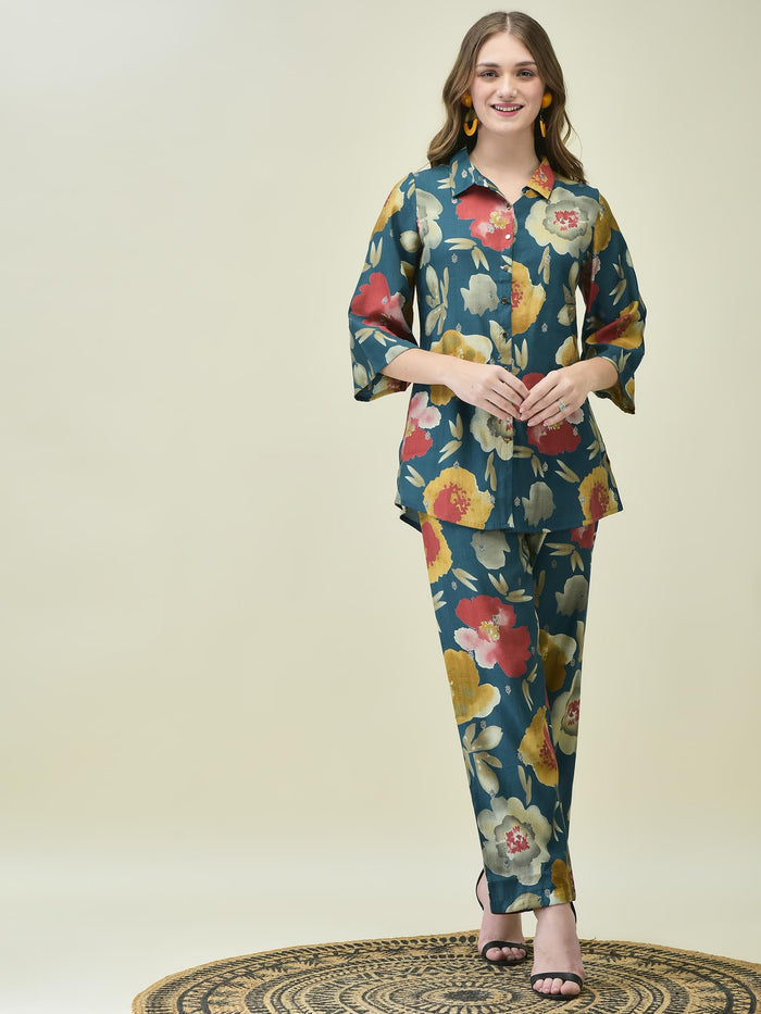 Women Liva Khadi Silk Blue Multi Floral Print Co-Ord Set.