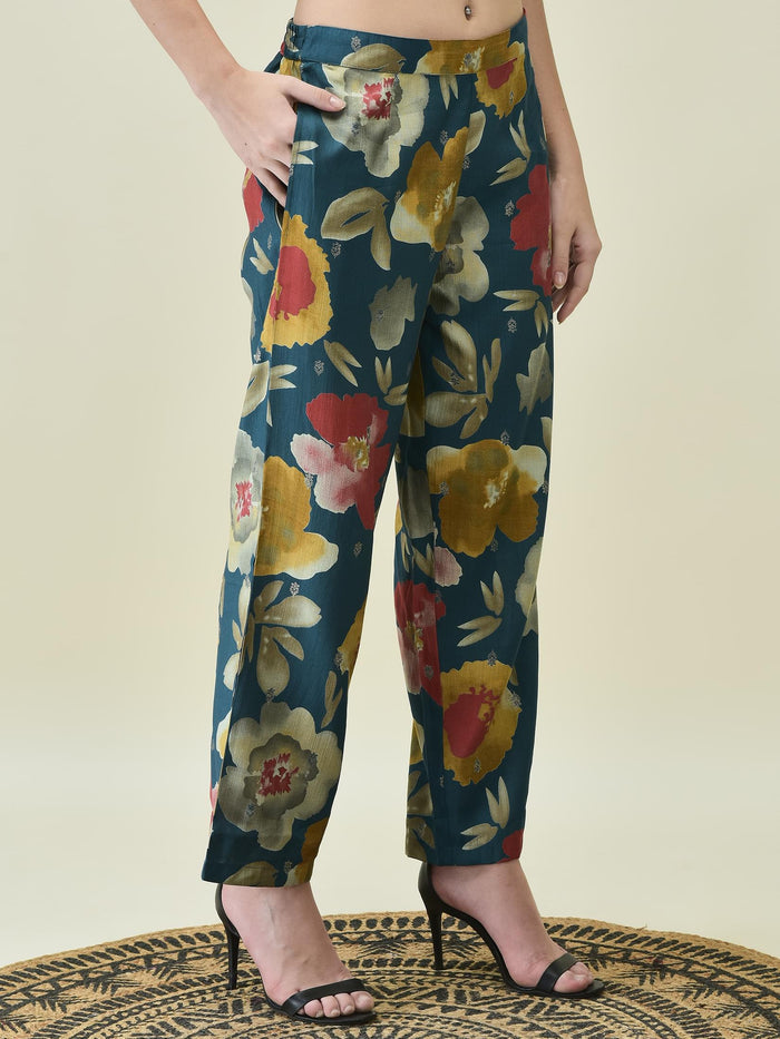 Women Liva Khadi Silk Blue Multi Floral Print Co-Ord Set.