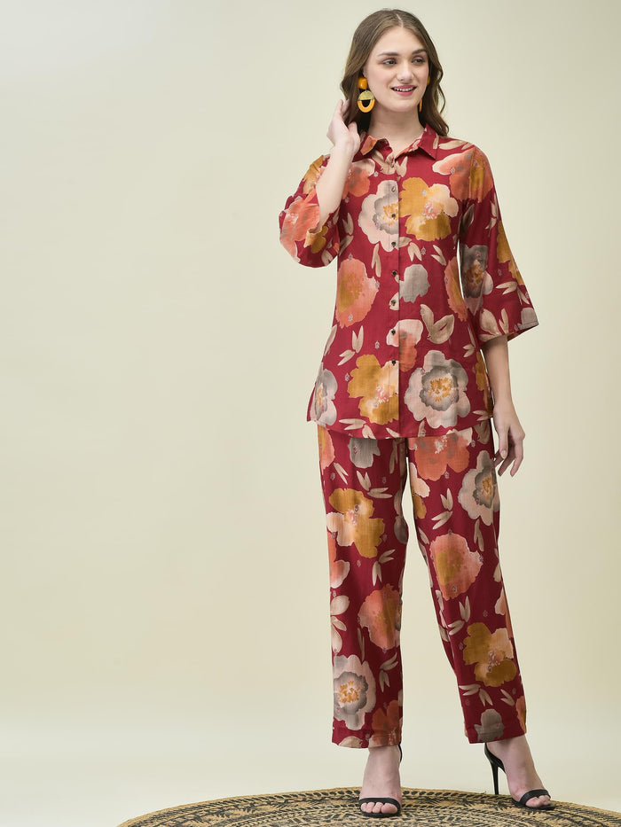 Women Liva Khadi Silk Maroon Multi Floral Print Co-Ord Set.