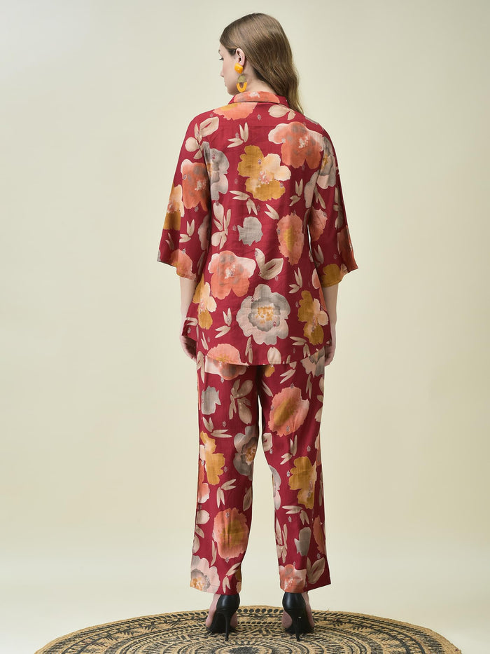 Women Liva Khadi Silk Maroon Multi Floral Print Co-Ord Set.