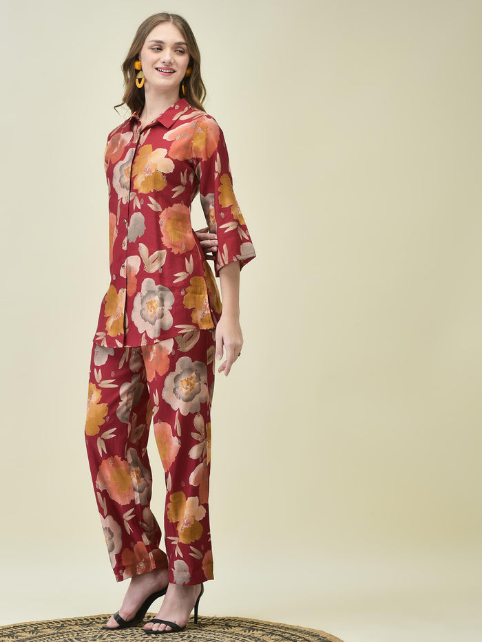 Women Liva Khadi Silk Maroon Multi Floral Print Co-Ord Set.
