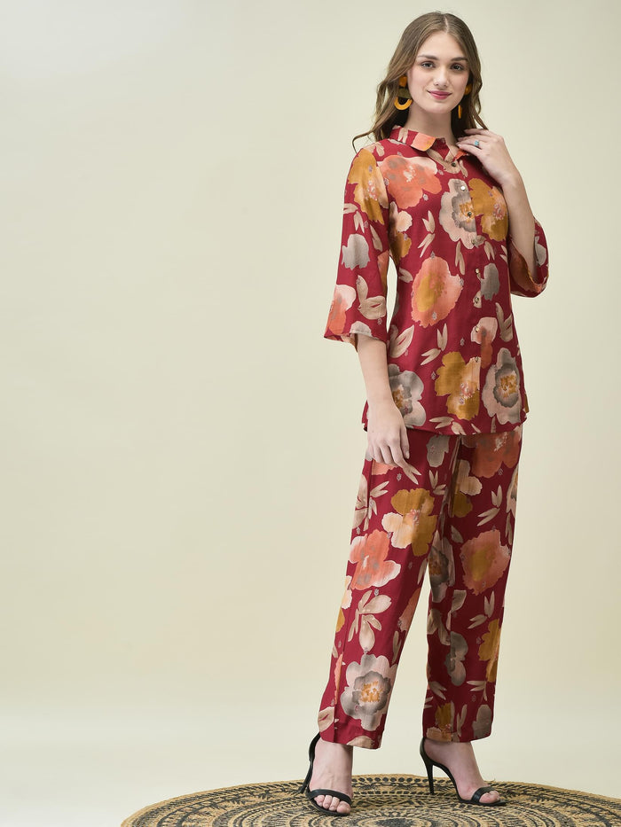 Women Liva Khadi Silk Maroon Multi Floral Print Co-Ord Set.