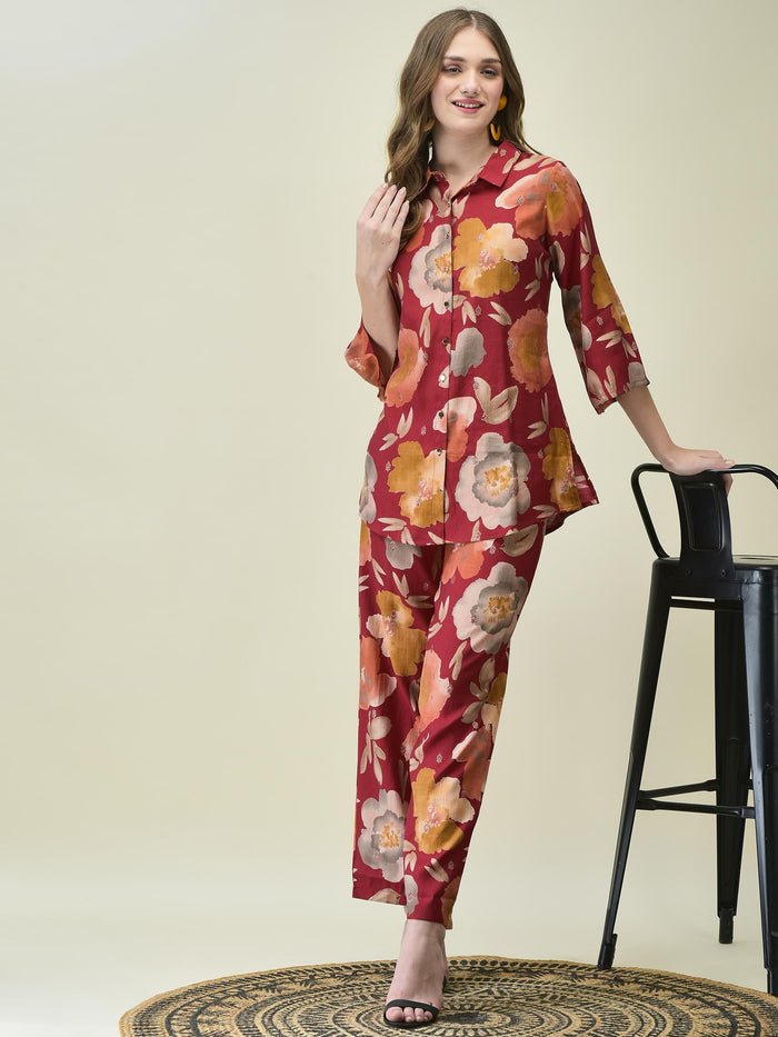 Women Liva Khadi Silk Maroon Multi Floral Print Co-Ord Set.