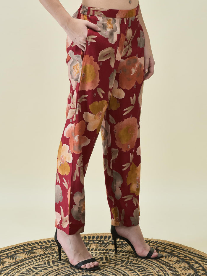 Women Liva Khadi Silk Maroon Multi Floral Print Co-Ord Set.