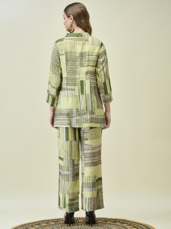 Women Liva Khadi Silk Multicolor Geometric Print Co-Ord Set.