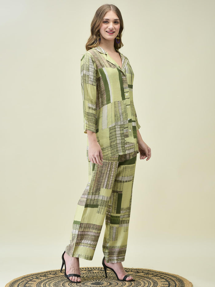 Women Liva Khadi Silk Multicolor Geometric Print Co-Ord Set.