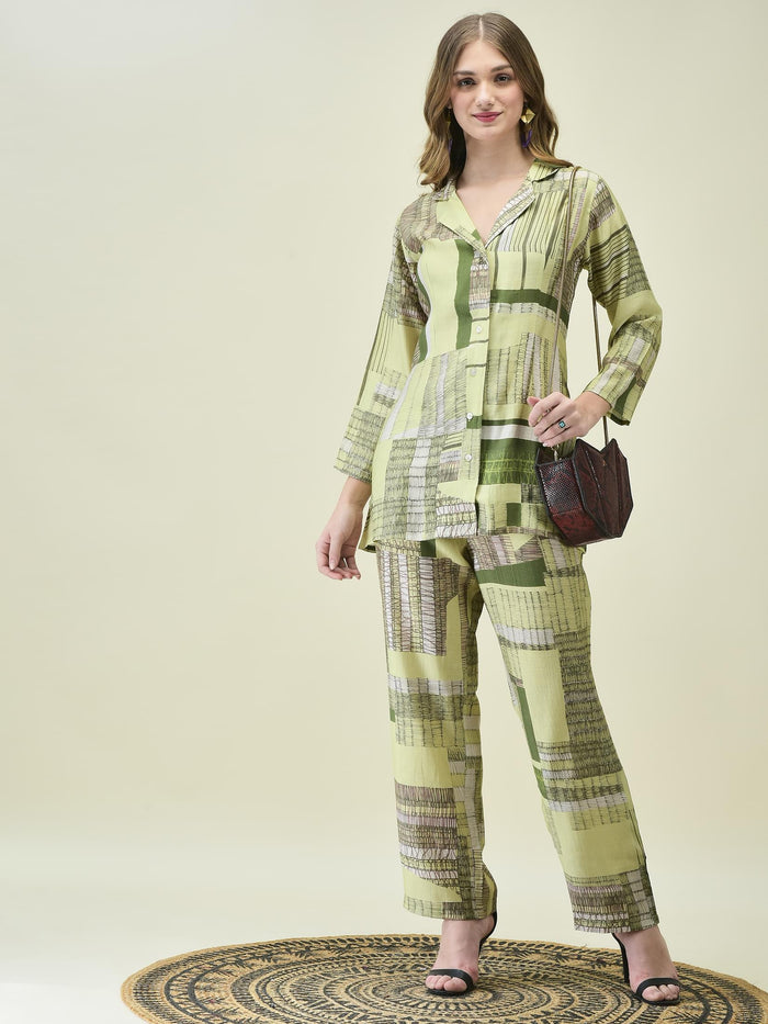 Women Liva Khadi Silk Multicolor Geometric Print Co-Ord Set.