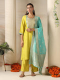 Women Liva Lemon Yellow Embroidered Kurta Comfort Pant Jacquard Dupatta.