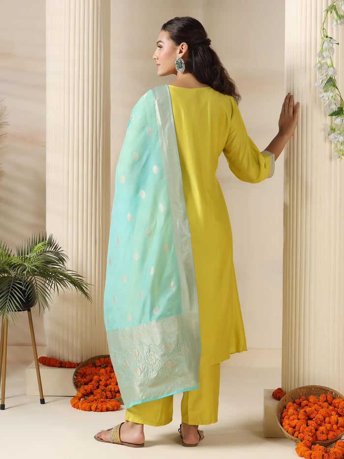 Women Liva Lemon Yellow Embroidered Kurta Comfort Pant Jacquard Dupatta.