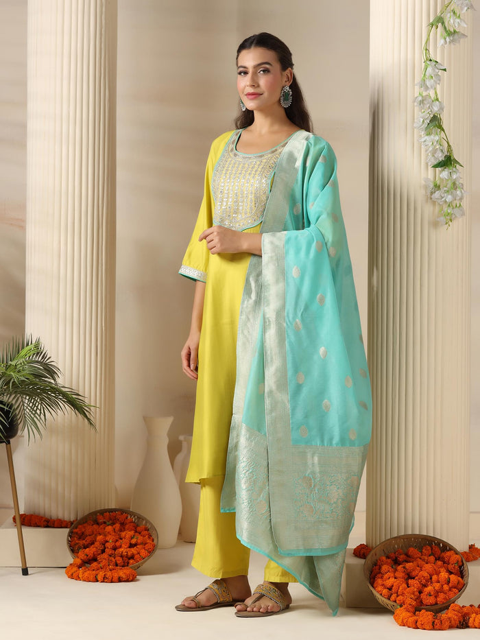 Women Liva Lemon Yellow Embroidered Kurta Comfort Pant Jacquard Dupatta.