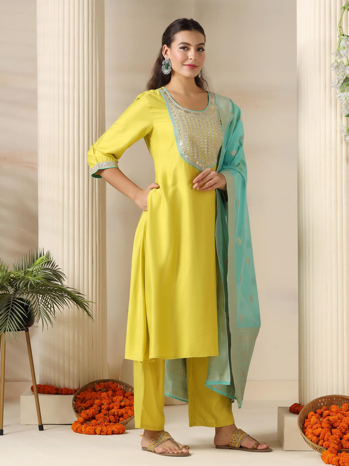 Women Liva Lemon Yellow Embroidered Kurta Comfort Pant Jacquard Dupatta.