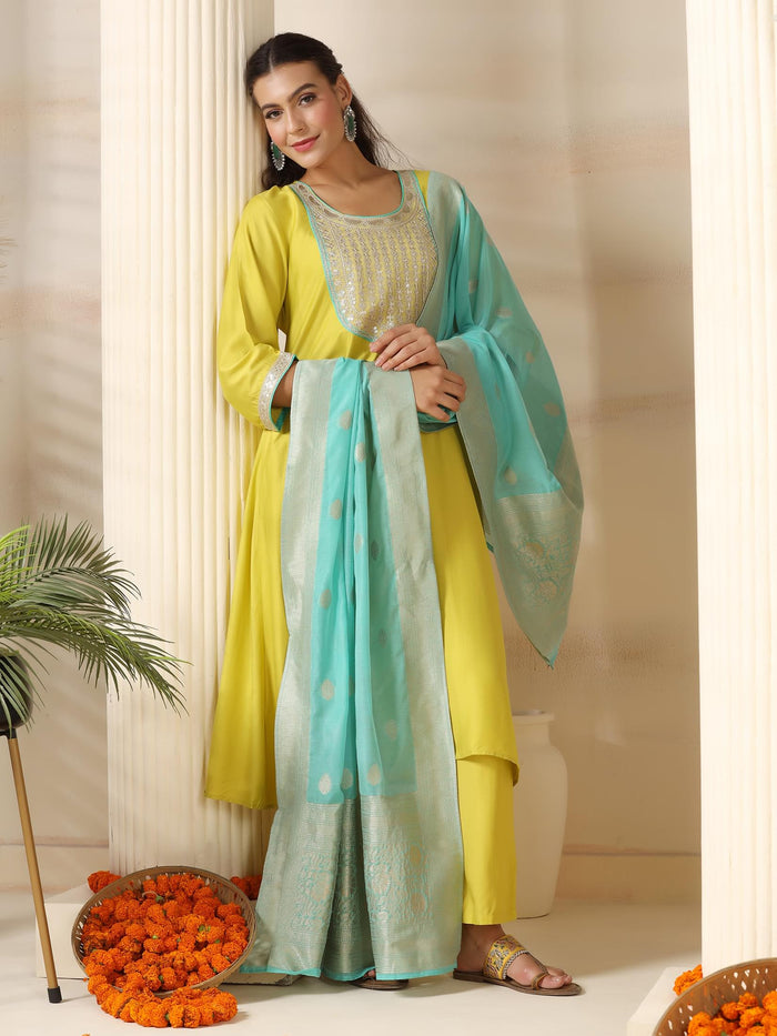 Women Liva Lemon Yellow Embroidered Kurta Comfort Pant Jacquard Dupatta.